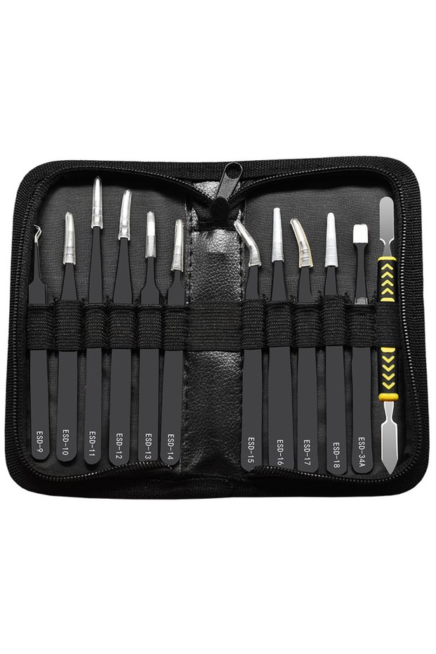 12Pcs/Set Precision Tweezers ESD Anti-static Stainless Steel Elbow Straight With Bag Repair Maintena