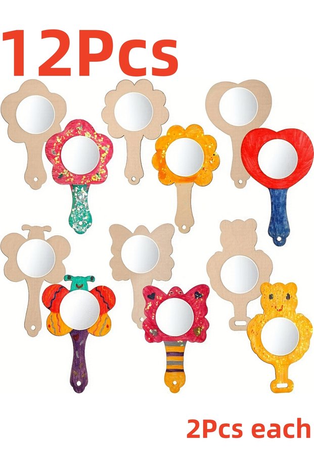 12Pcs 12 Pcs Wooden Mini DIY Painting Mirrors Unfinished Handmade Craft Mirror DIY Wood Painting Mir