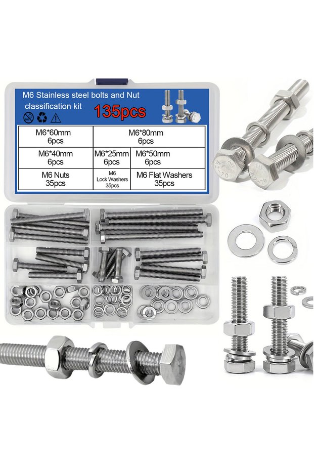 135pcs M6 M8 M10 "High-Strength Hex Bolt Set with Nuts & Washers – Durable Stainless Steel Fastener