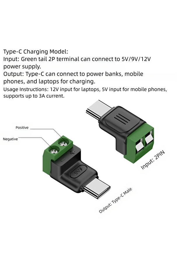 C-Male Charging USB C to 2Pin Screw Terminal Adapter Solderless Plug Type-C to 2 Pin Crimp 5V 3A Pho