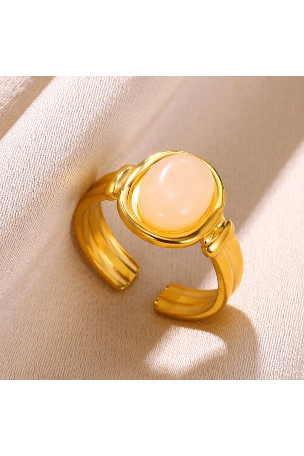 resizable JZ5617G-1 Vintage Oval Opal Rings For Women Gold Color Stainless Steel Adjustable Natural