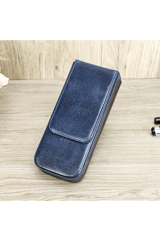 blue Luxury Genuine Leather 3 Slots Pen Case With Removable Pen Tray Holder Pencil Case Office Schoo