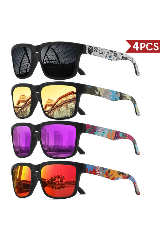 4PCS-6 4PCS Square Sports Sunglasses with Designer Temple Pattern - UV400 for Men Women, Beach Vacat