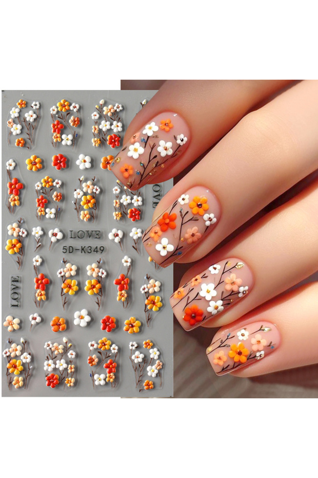 5D-K349 5D Daisy Embossed Nail Stickers Spring Fresh Floral Designs Acrylic Five-Petal Flower Self-A
