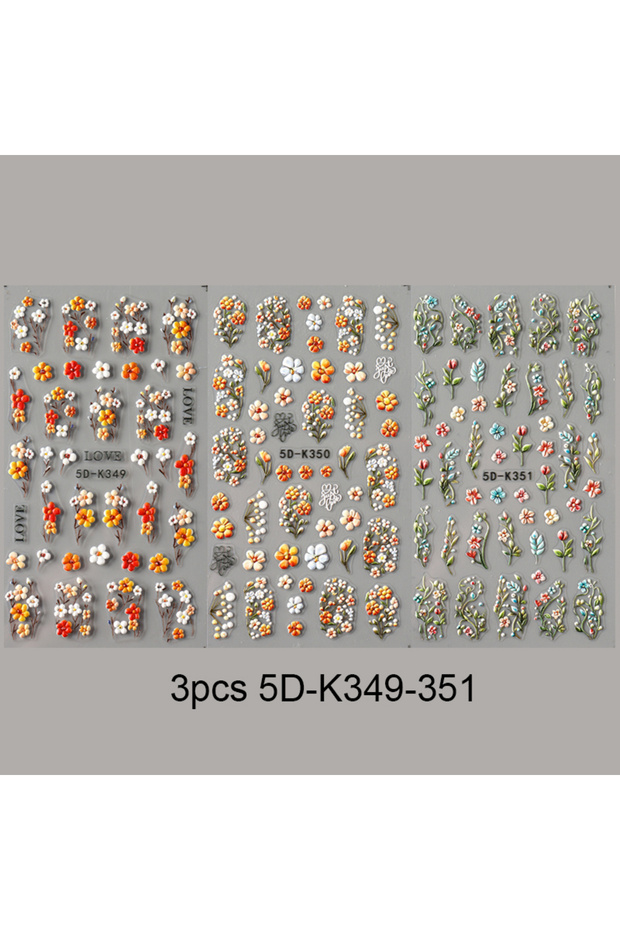 3pcs 5D-K349-351 5D Daisy Embossed Nail Stickers Spring Fresh Floral Designs Acrylic Five-Petal Flow