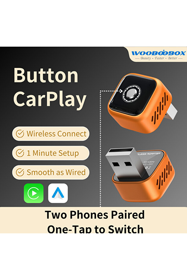 Wooboobox Wireless CarPlay Adapter, 2 Phones Connection One-Tap Switch, CarPlay Dongle for iPhone An