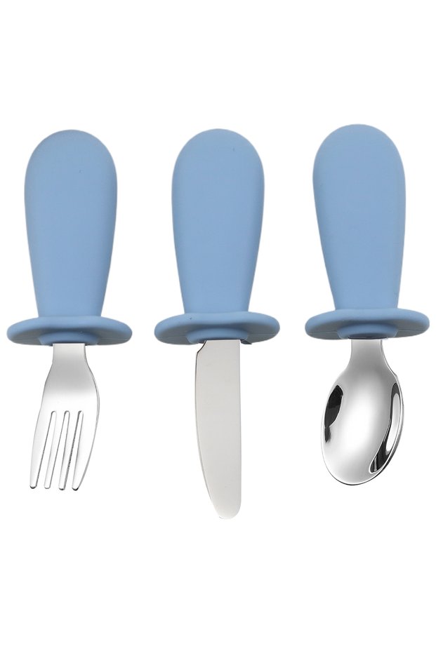 Dusty Blue 3-Piece Silicone Spoon and Fork Cutlery Set for Baby Food and Feeding Utensils, Children'