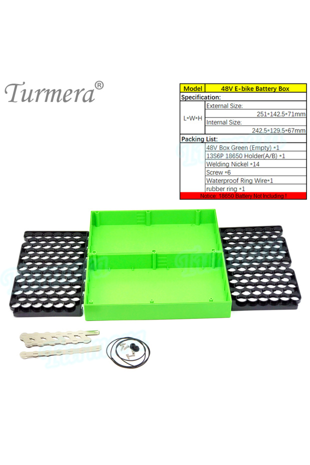 Green Turmera 13S 48V 52V E-bike Battery Box 13S6P 18650 Holder with Welding Nickel 30A BMS for E-sc