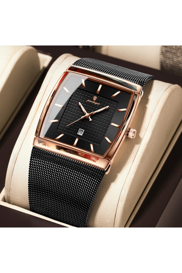 885 RoseGold Black POEDAGAR Luxury Business Men's Watch Stainless Steel Mesh Waterproof Luminous Man