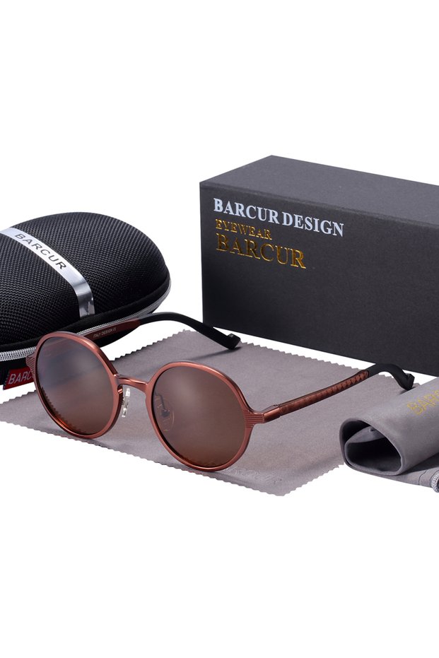 Brown BARCUR Polarized Round Sunglasses Luxury Brand Men Glasses Retro Vintage Women Sun Glasses UV4