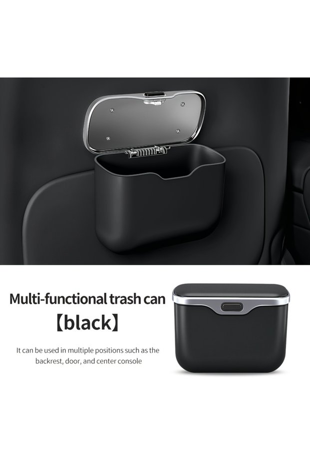 black Multifunctional Car Trash Can with Lid Button, Hanging Storage Bin for Wet and Dry Use, Auto I