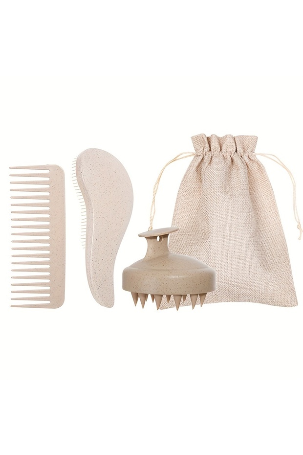 Beige set Eco-Friendly Hair Brush Set Soft Bristles & Portable Silicone Scalp Massager with Colorful