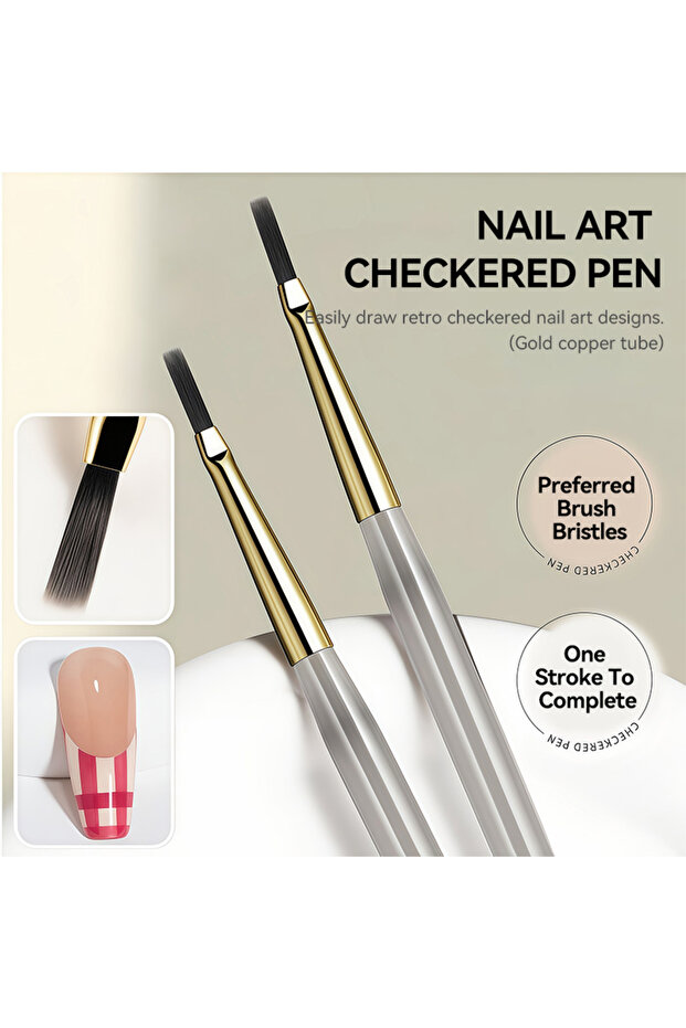 2pcs Checkered Pen Professional Nail Art Brush Tip Painting Drawing Carving Dotting Pen Flat Fan Lin