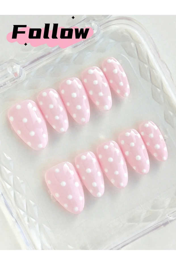 XS 10 Pcs Pure Handmade Nail Art, Press-On Fake Nails, Almond nails,Pink Nails, Polka Dot Nails,Remo
