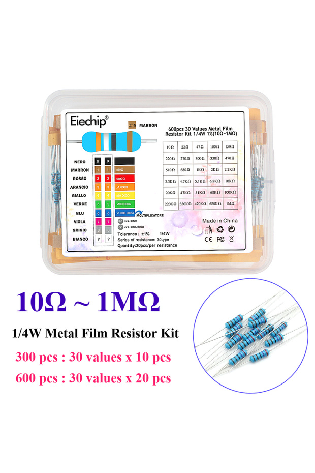 NO box - 600PCS 300/600PCS 1/4W Metal Film Resistor kit 1% 30 values 0.25W Resistors Kit 10Ω~1MΩ col