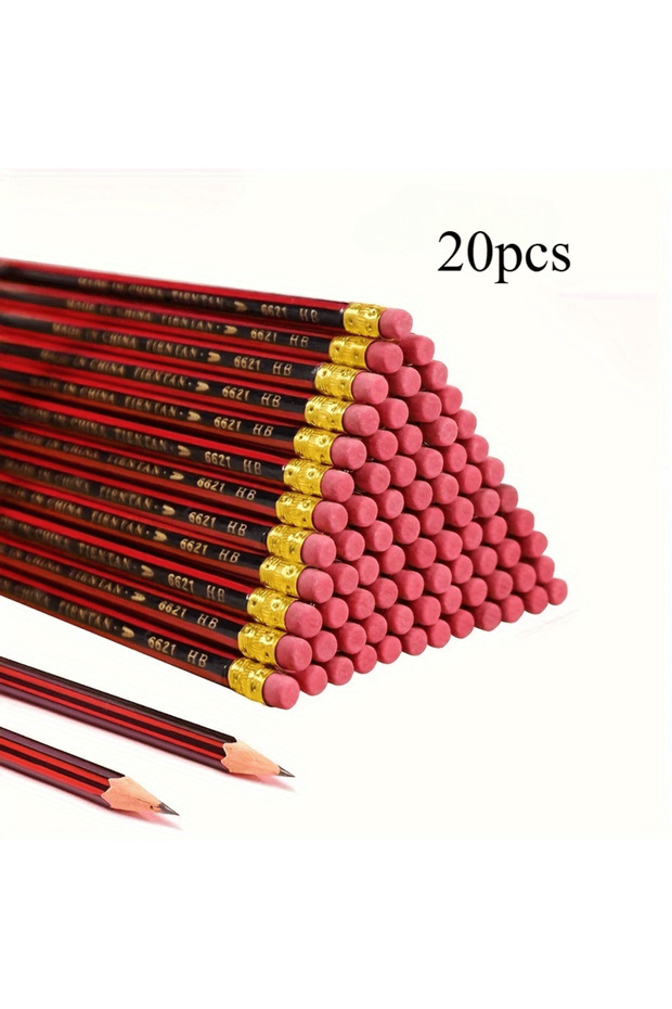 20pcs HB Wooden Pencils with Erasers - Red & Black Barrels for Writing Drawing and Sketching - Idea