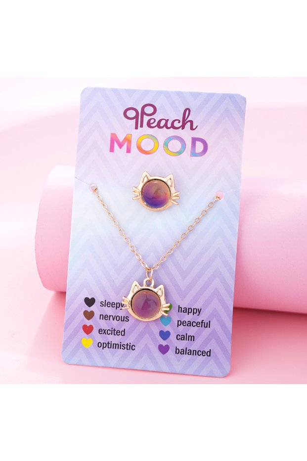 Cat 2Pcs/set Girl Temperature-sensitive Color-changing Cat Unicorn Love Pendant Necklace Ring Jewelr