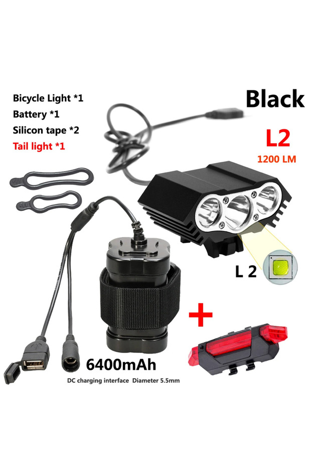 Black L2 Taillight LED Bicycle Light 4 Mode T6/L2 Bike Front Light Strong Cycling Lamp Lantern USB 6