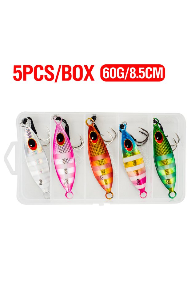 60g 5Pcs/Boxed 10-60G Metal Slow Jig Artificial Sinking Casting Lure Fishing Trolling Lure 3D Eyes F