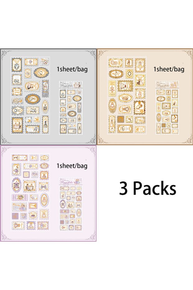 S30819-456 Mr.Paper 3 Packs Stamp Story Series Light Retro Gold Foil Embossed Stickers DIY Journal S
