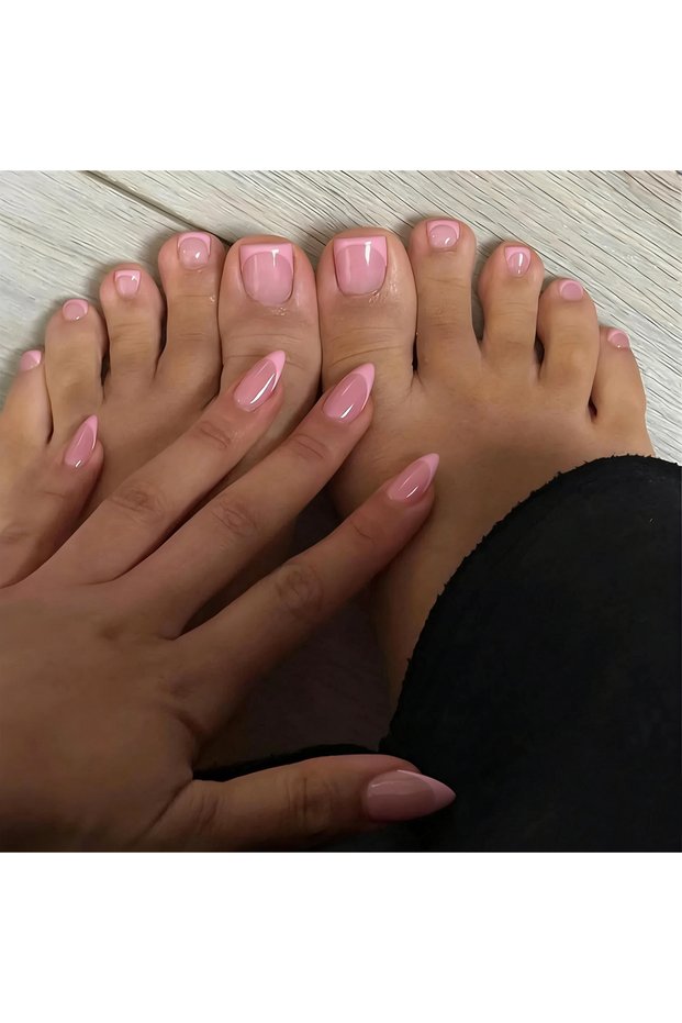 Pink 48PCS French Pointed Nail Short Square Toenail And Almond White French Pointed Fake Nail Combin