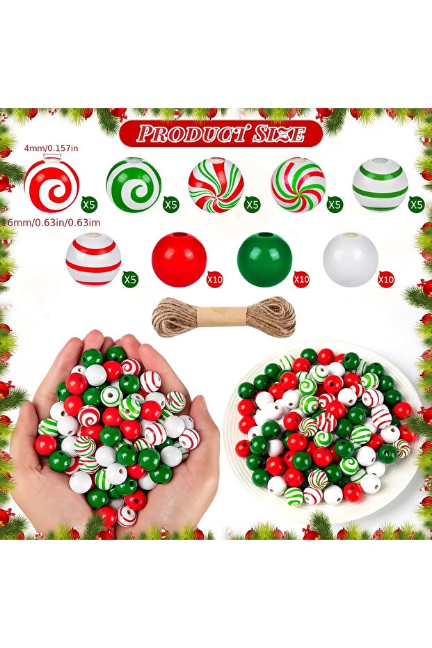 60Pcs 60Pcs Christmas Wooden Beads Candy Cane Wood Beads Xmas Lollipop Candy Swirl Beads 16mm Round