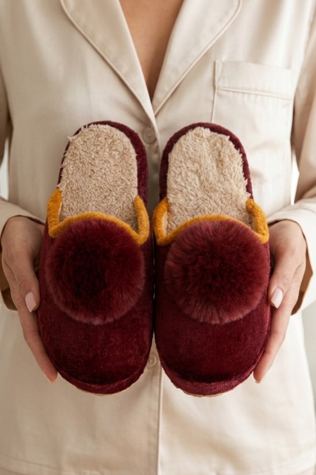 Women's Burgundy Pompom Detailed Plush Winter House Slippers 3 cm Byndtpwrpon01