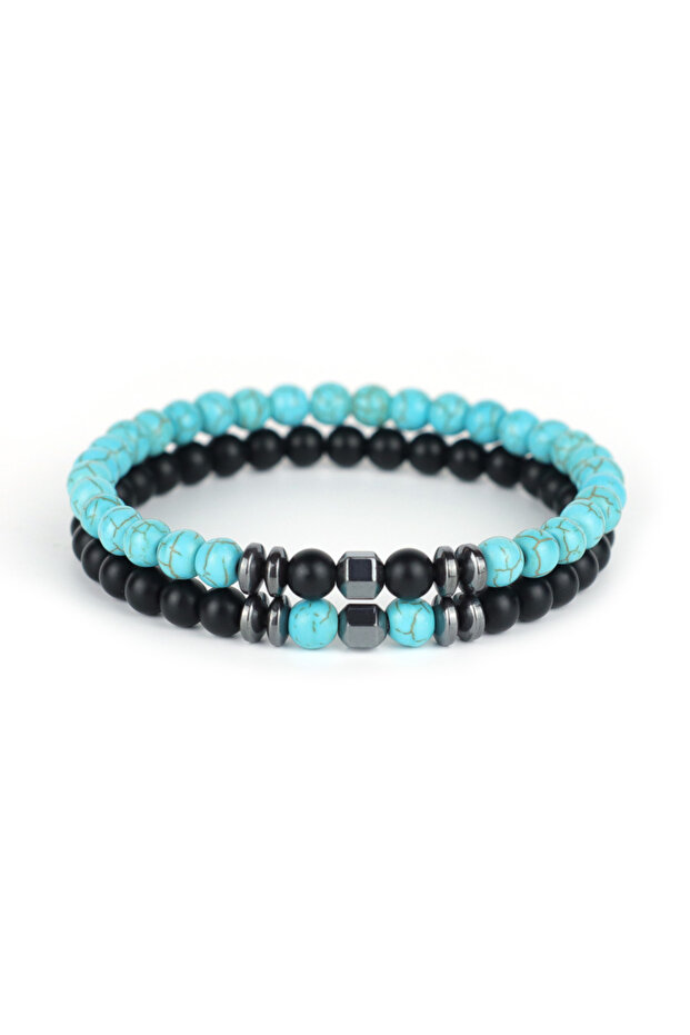 blue turquoise Trendy 2Pcs/Set Men Stone Bracelet Handmade Hematite Healing Braslet Howlite Onyx Mal