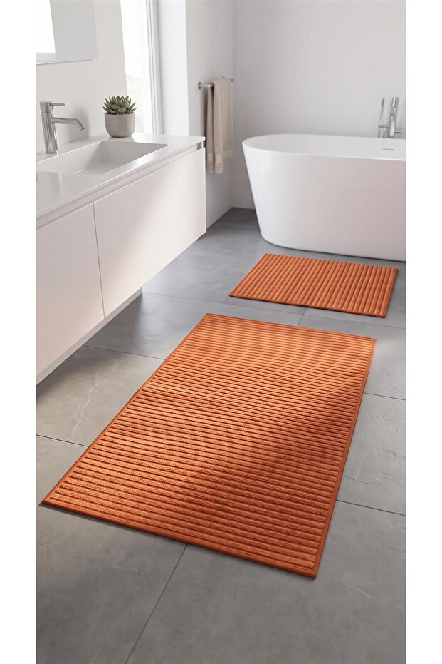 Lidya Tile Striped 2-Piece Mat Set (60X100+50X60) Non-Slip, Easy to Clean, Velvet Feel