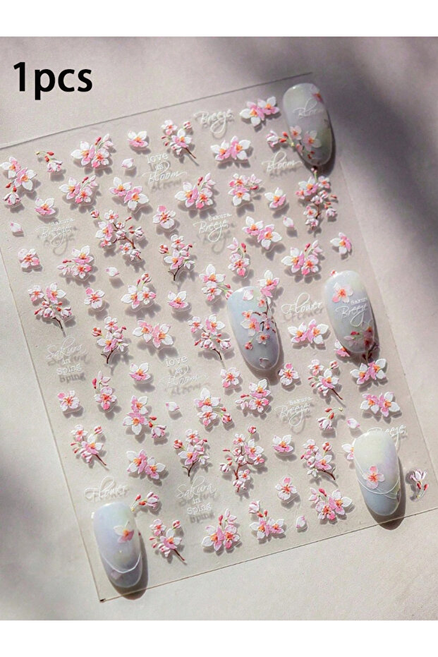 1pcs 3pcs 5D Embossed Cherry Blossom Design Nail Stickers, Spring Nail Decoration Stickers, Women's