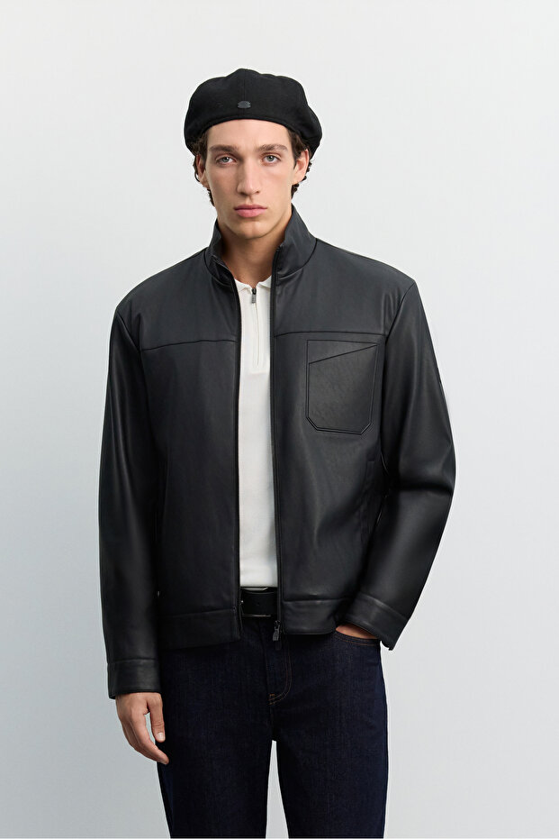 Men's Black Stand Collar Faux Seasonal Comfort Fit Leather Coat A62Y6107