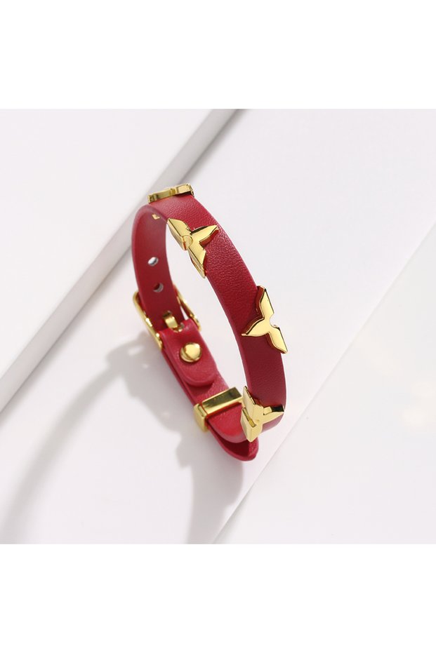 MVF1001-6 Fashion Leather Bracelet for Women Men with Gold Tone Butterfly Studs, Adjustable Wristban