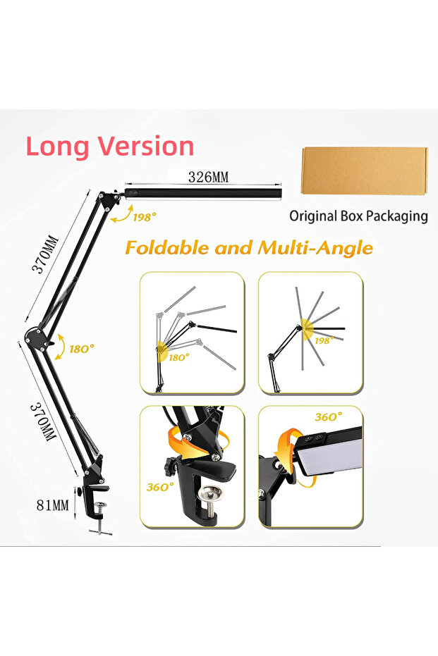 Long-Black With BOX 10W LED Desk Lamp with Clamp Swing Arm Eye-Caring Dimmable Desk Light 10 Brightn