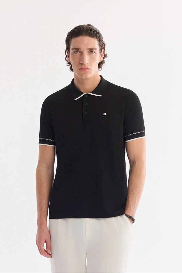 Men's Black Non-Curling Polo Collar Buttoned Bi-Stretch Interlock Regular Fit T-Shirt A61Y1075