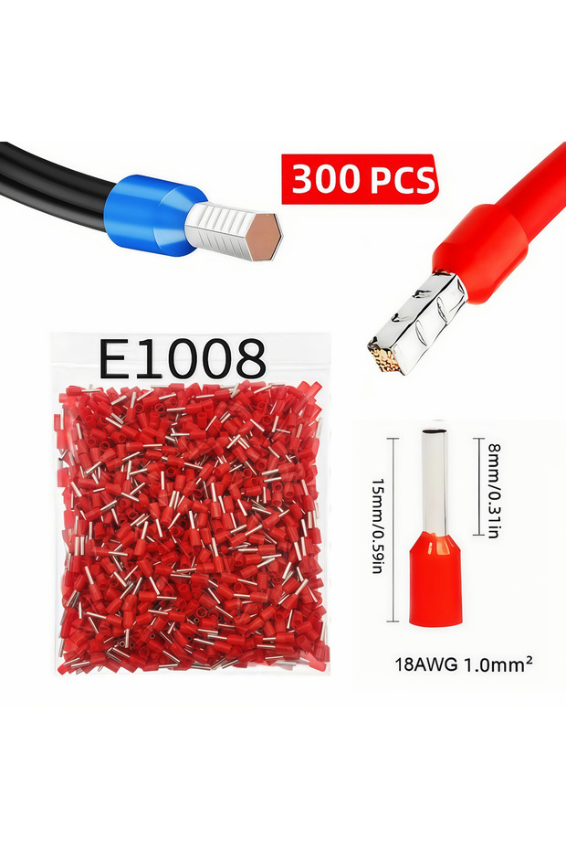 E1008 18AWG-Red 300pcs Insulated Cord End Terminals Kit, 8 Sizes AWG 22-8 Wire Ferrules, Tin Plated
