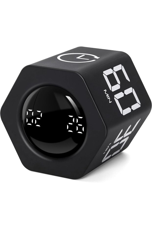 black Ticktime Pomodoro Productivity Timer Cube, Hexagon Flip Clock, Pause & Resume, Mute & Adjustab