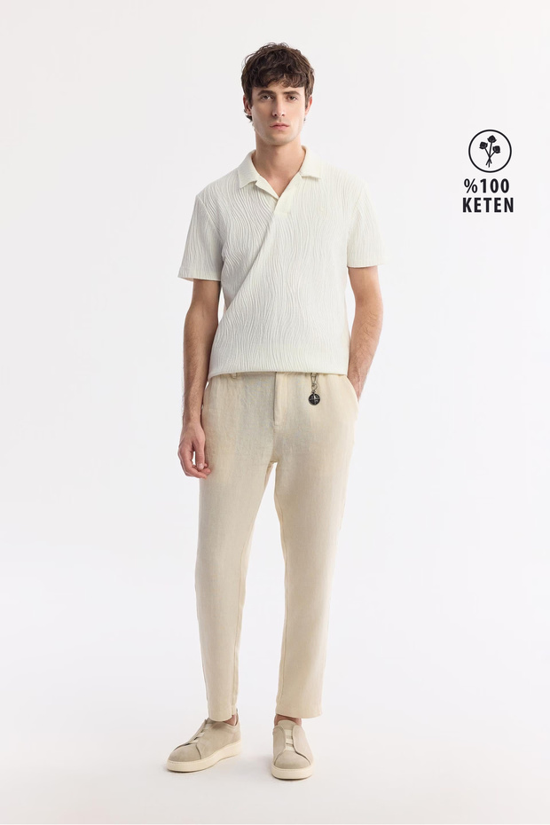 Men's Beige Elastic Waist 100% Linen Relaxed Fit Trousers B003032