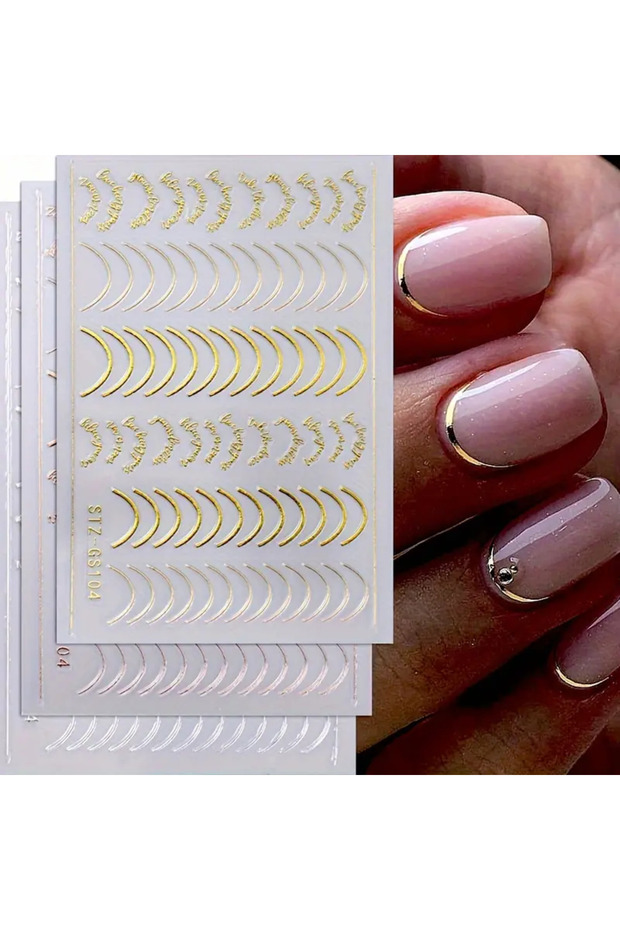 3pcs STZ-GS104 3pcs/set 3D Simple Lines Nail Stickers Rose Gold Metal Stripe Letters Decals Curve Ge