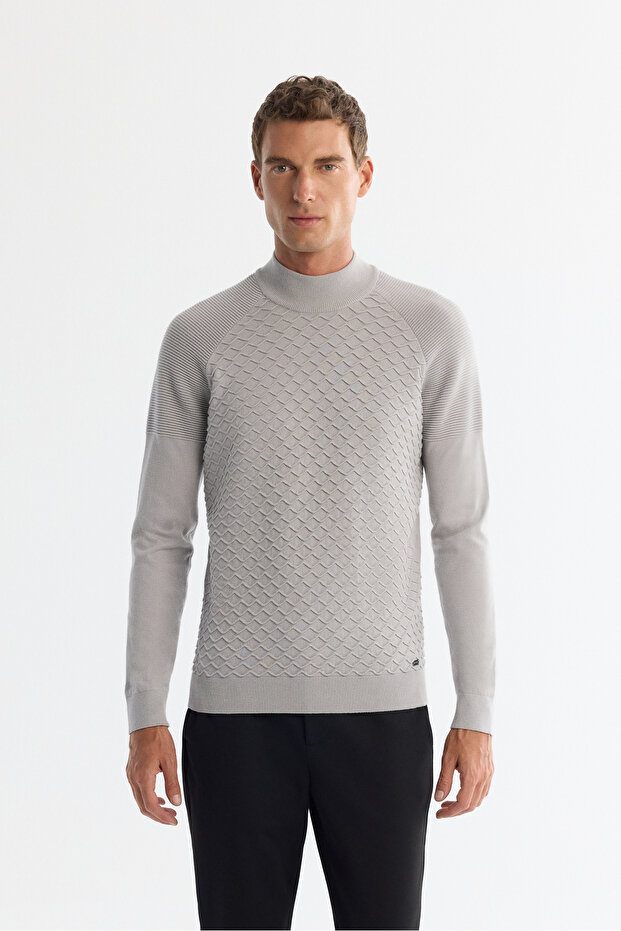 Men's Gray Half-High Collar Soft Touch Knitwear Regular Fit Sweater A42Y5023