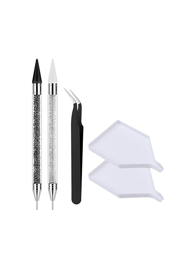 Silver Dual-End Nail Rhinestone Picker Tool Set, Wax Dotting Pens Curved Tweezer Rhinestone Storage