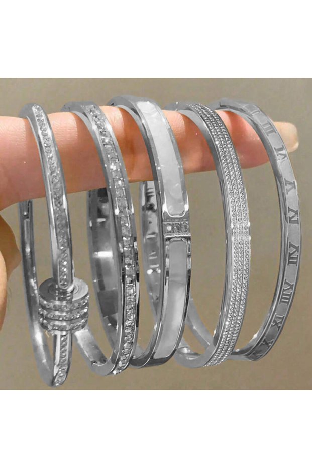 Silver Color 5Pcs Yupsk Titanium Steel Couple's Bracelet Shiny Zircon Inlaid Stainless Steel Bangles