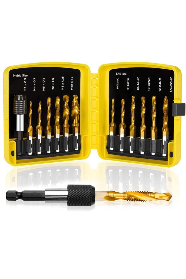 13pcs Wire Tap Set Metric & Imperial Plastic Case 13-Piece Machine Hex Composite Tap Drill Tap Combi