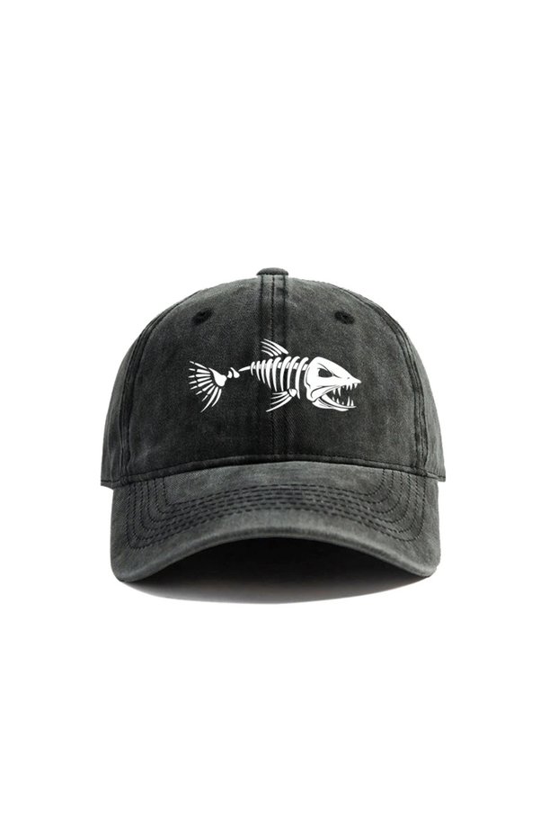 Adjustable black White fishbone printed baseball cap, vintage style, fashionable and versatile for b