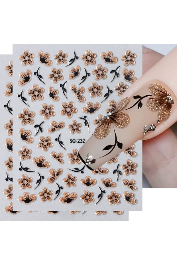 2pcs SO-232 2pc 3D Black Gold Glitter Flower Nail Decal Shiny Petals Leaves Nail Art Sticker Waterco