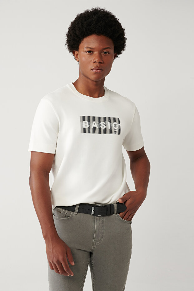 Men's White Soft Touch Hologram Printed Crew Neck Regular Fit T-Shirt A41Y1335