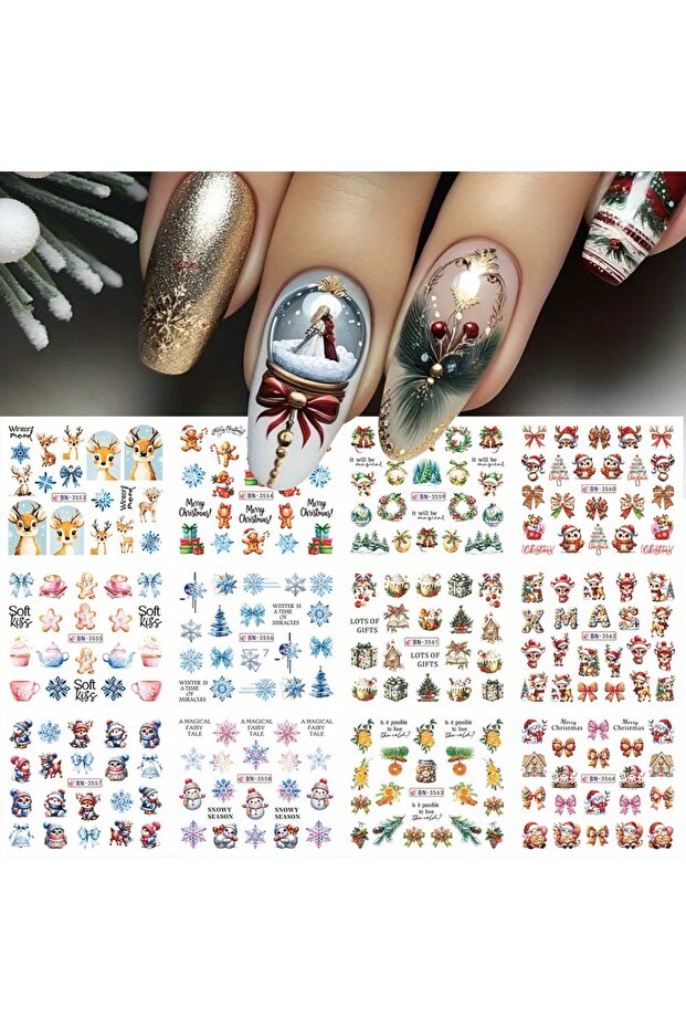 BN3553-3564 12 Designs Christmas Watermark Nail Stickers Gingerbread Man Deer Bow Snowflake Tree San