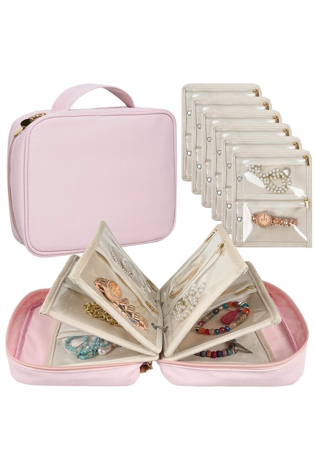 Pink Travel Jewelry Organizer Case,Jewelry Bags Jewelry Storage Book Binder with Clear Zipper Velvet