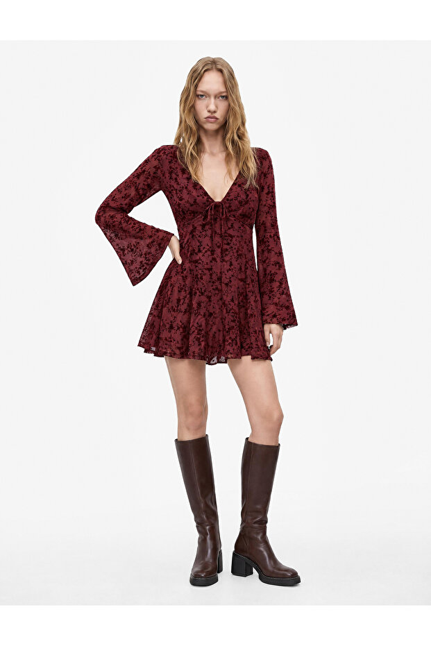 Tie-Up V-Neck Long Spanish Sleeves Lace Embroidered Tulle Mini Jumpsuit