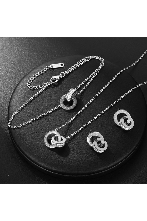 Sliver Color Yupsk 4Pcs/Set Stainless Steel Circles Roman Numbers Necklace Bracelet Earrings for Wom