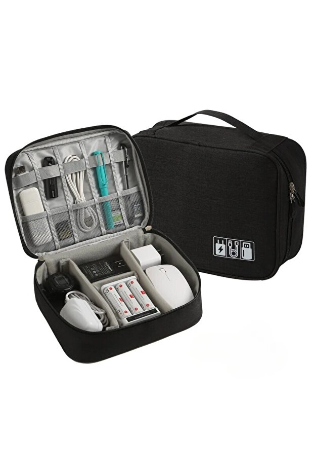 Black Large Capacity and Multifunctional Digital Separated Travel Bag, Mobile Data Cable, Power Bank